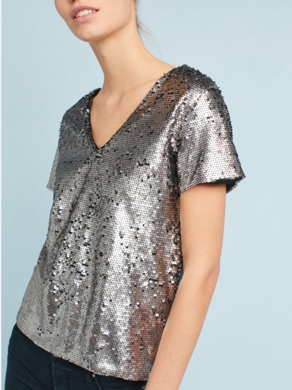 Anthropologie Vanessa Virginia Silver Sequin V Neck Top S